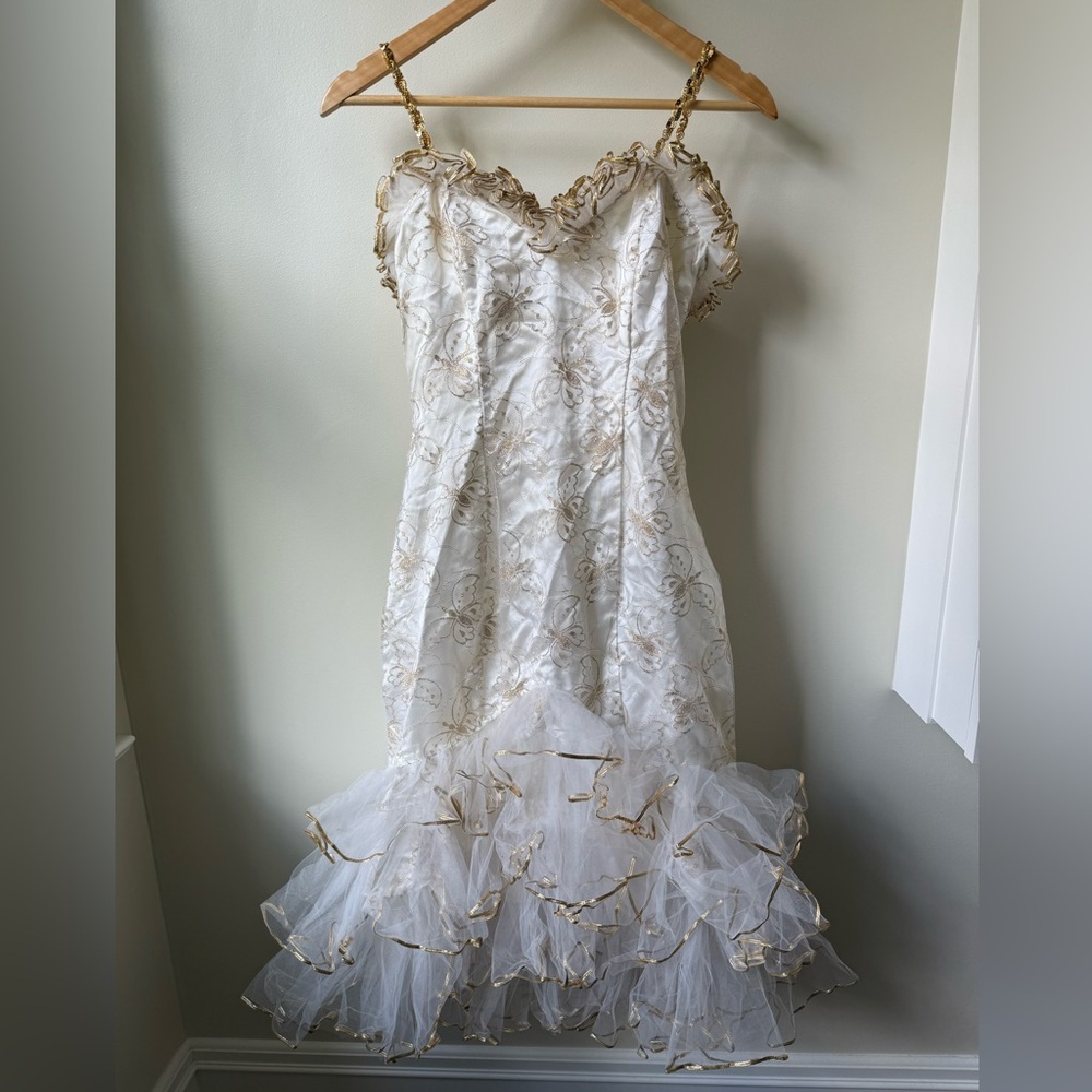 NEW LEAF Vintage Mermaid Lace Ruffle Butterfly Dress Metallic Glam Party XS